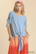 Umgee Cold Shoulder Short Sleeve Round Neck Top with Side Slits and Tie-able Knot Details