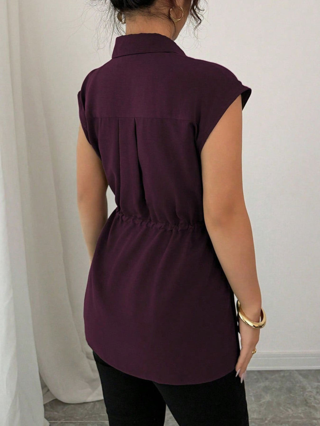 Drawstring Waist Cap Sleeve Shirt
