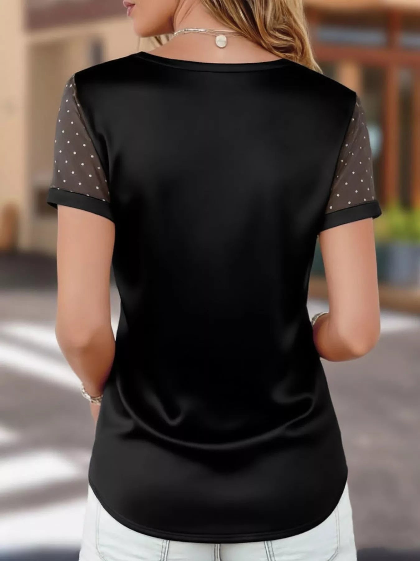 Satin V-Neck Sheer Short Sleeve Top