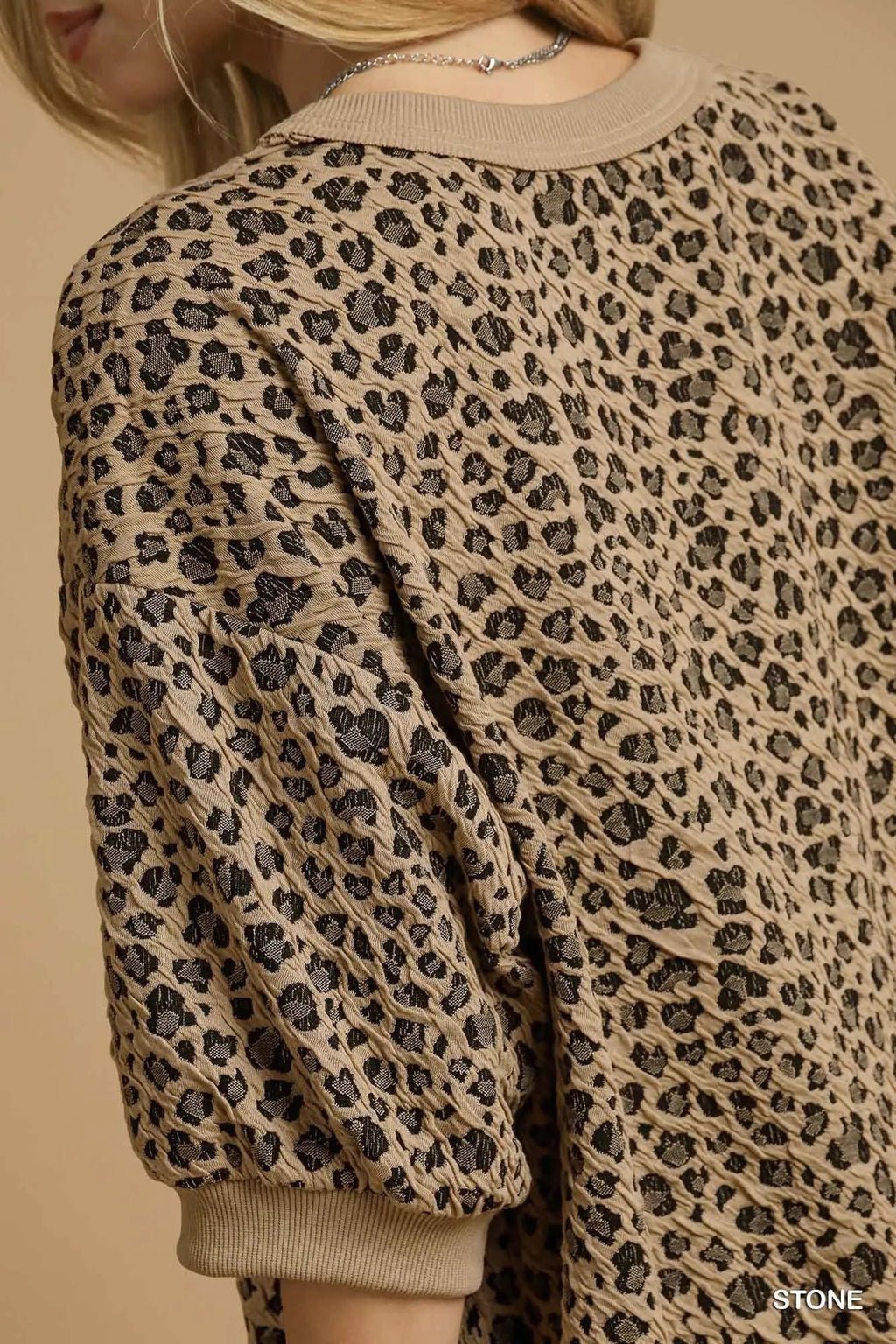 Umgee Leopard Knit Jacquard Puff Sleeve Sweatshirt