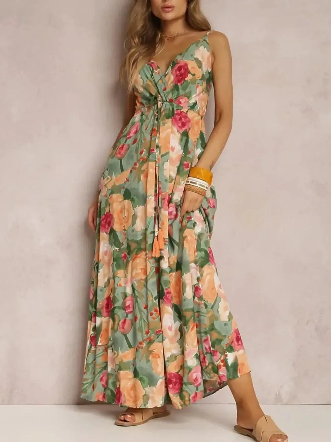 Floral Print Surplice Spaghetti Strap Maxi Dress