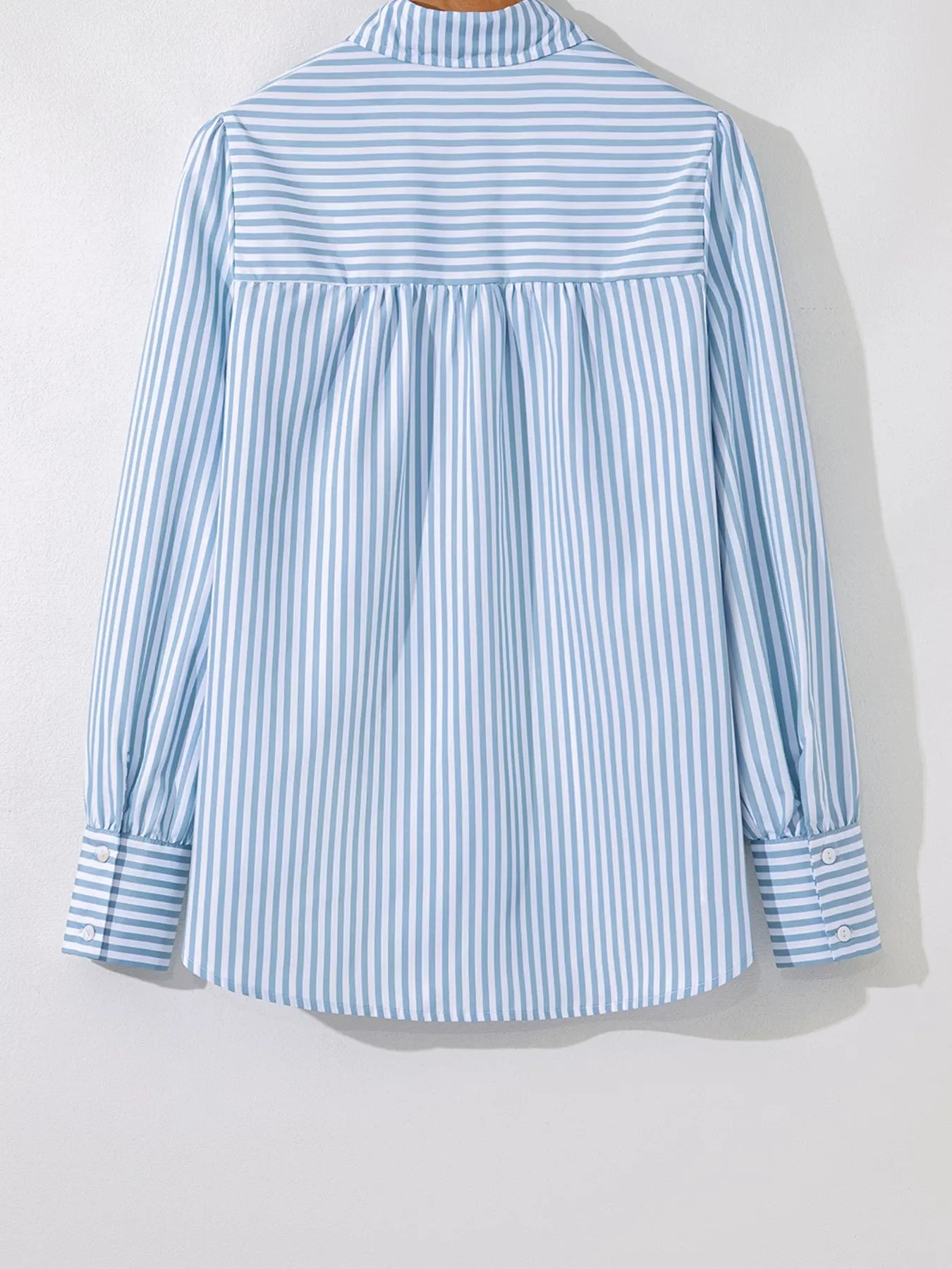 Stripe Shirred Detail Half Placket Collared Long Sleeve Shirt
