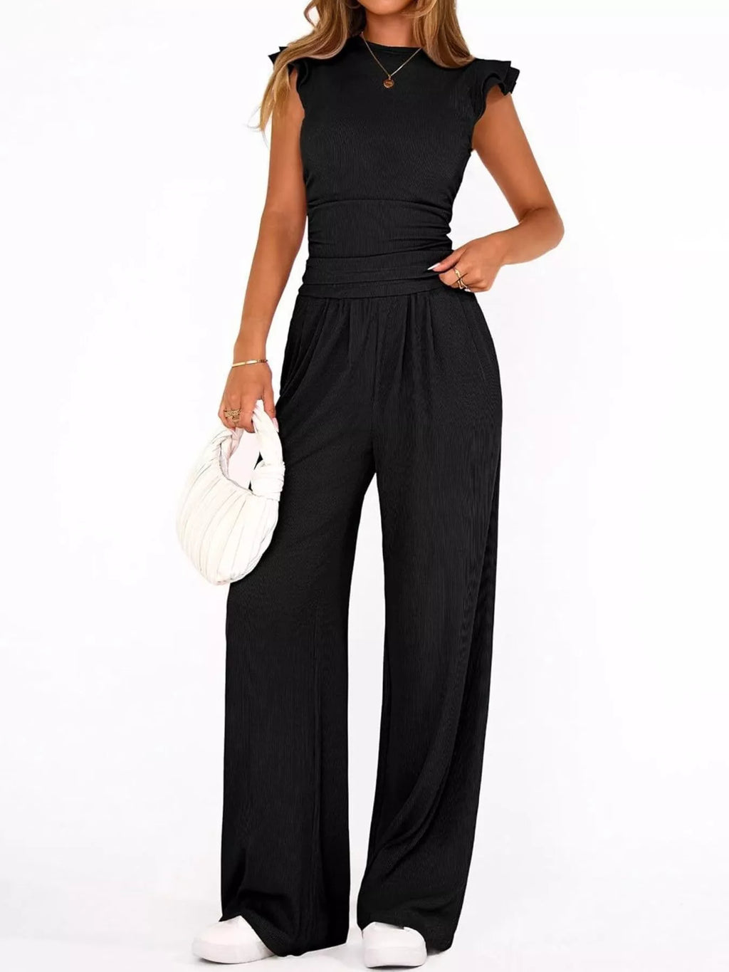 Ruffled Mock Neck Top and Wide Leg Pants Set