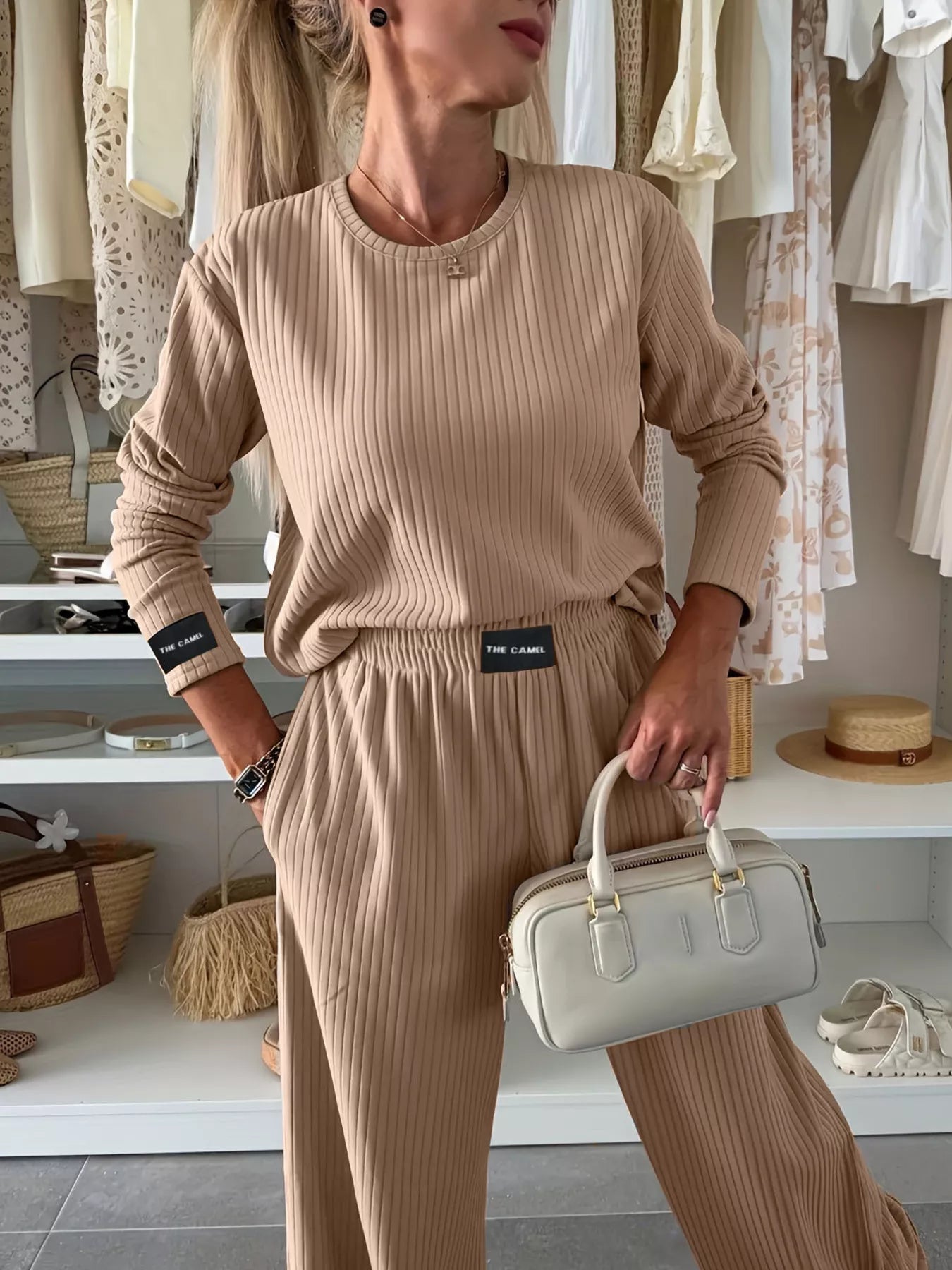 Ribbed Knit Round Neck Top and Pants Set