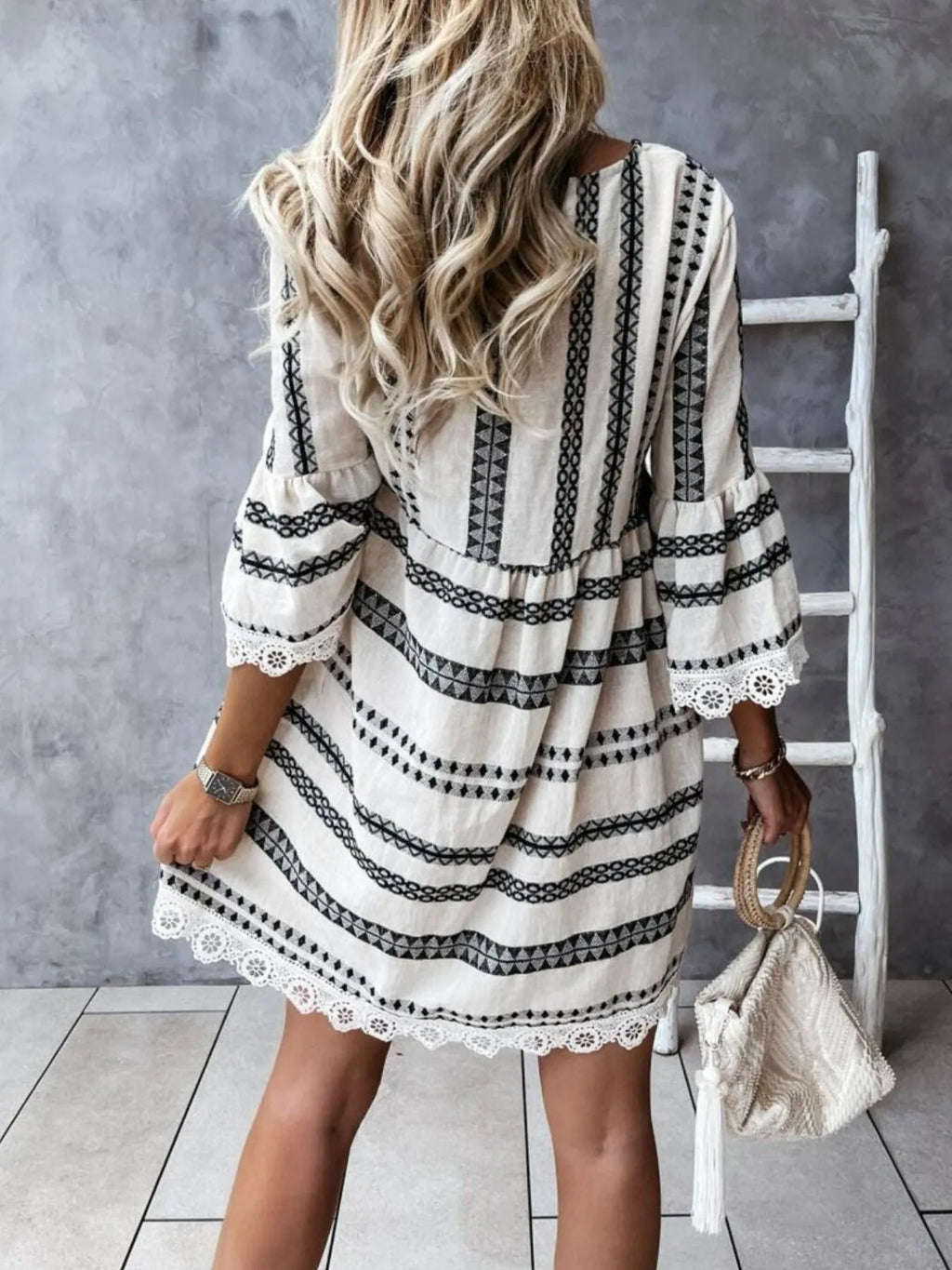 V-Neck Lace Trim Striped Babydoll Dress
