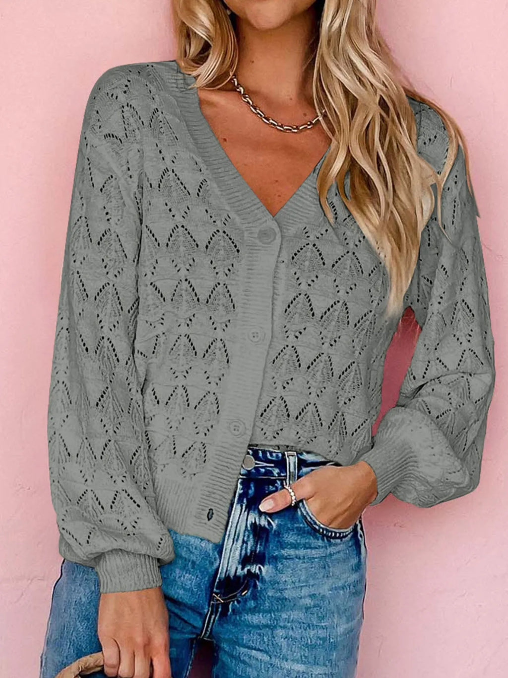 Buttoned Front Openwork Cardigan