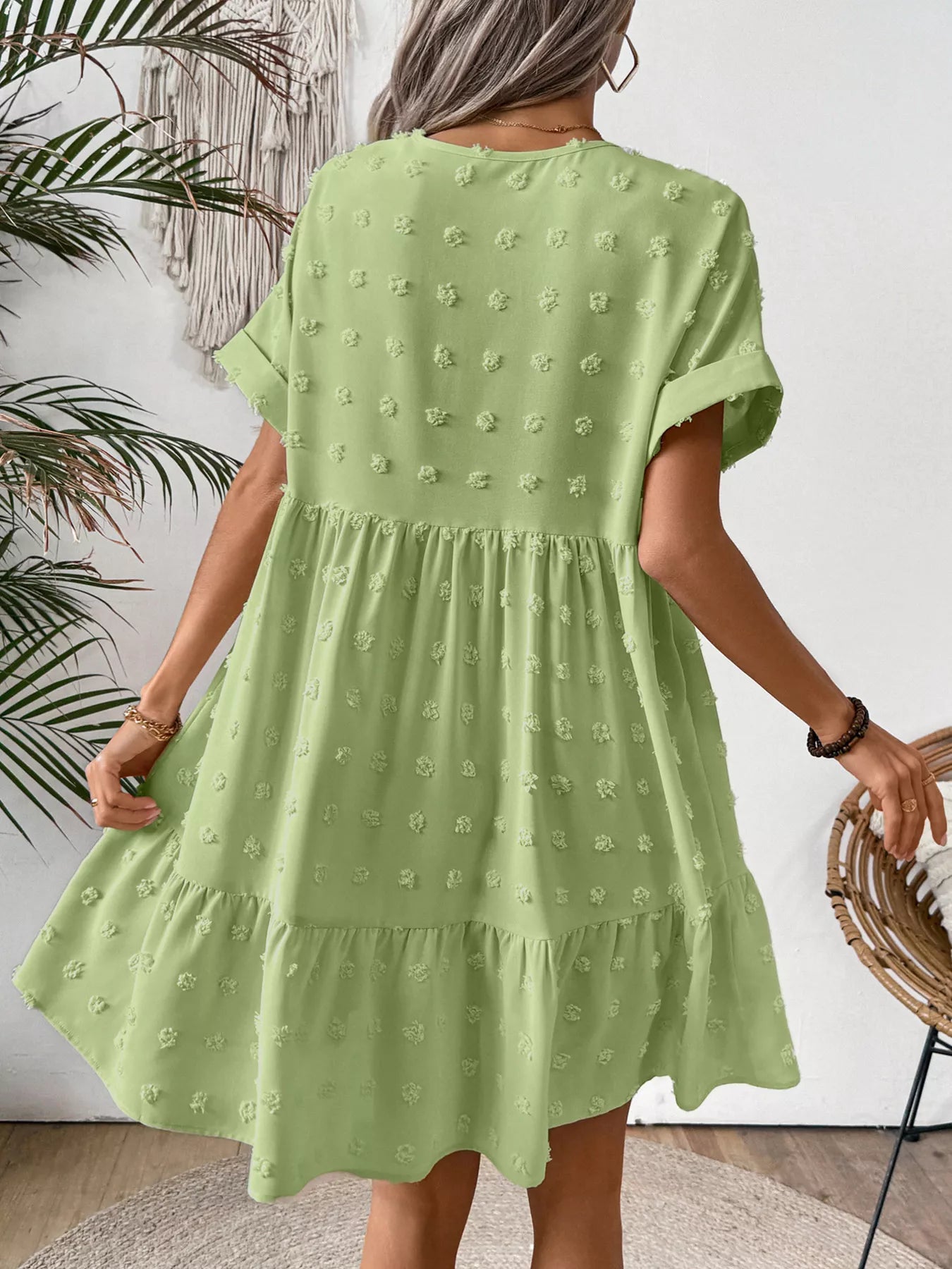 Swiss Dot V-Neck Tiered Mini Dress