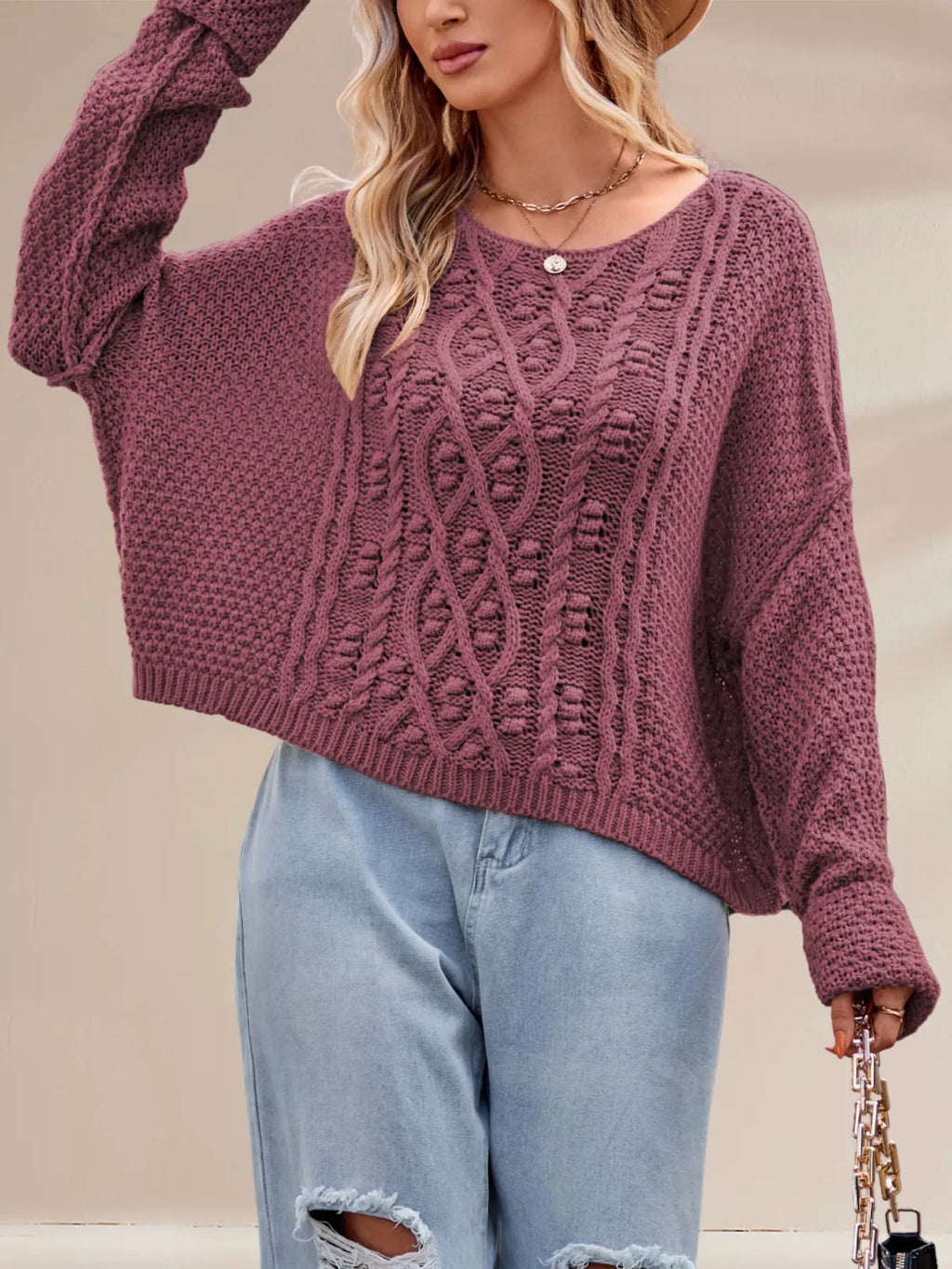 Textured Knit Round Neck Sweater