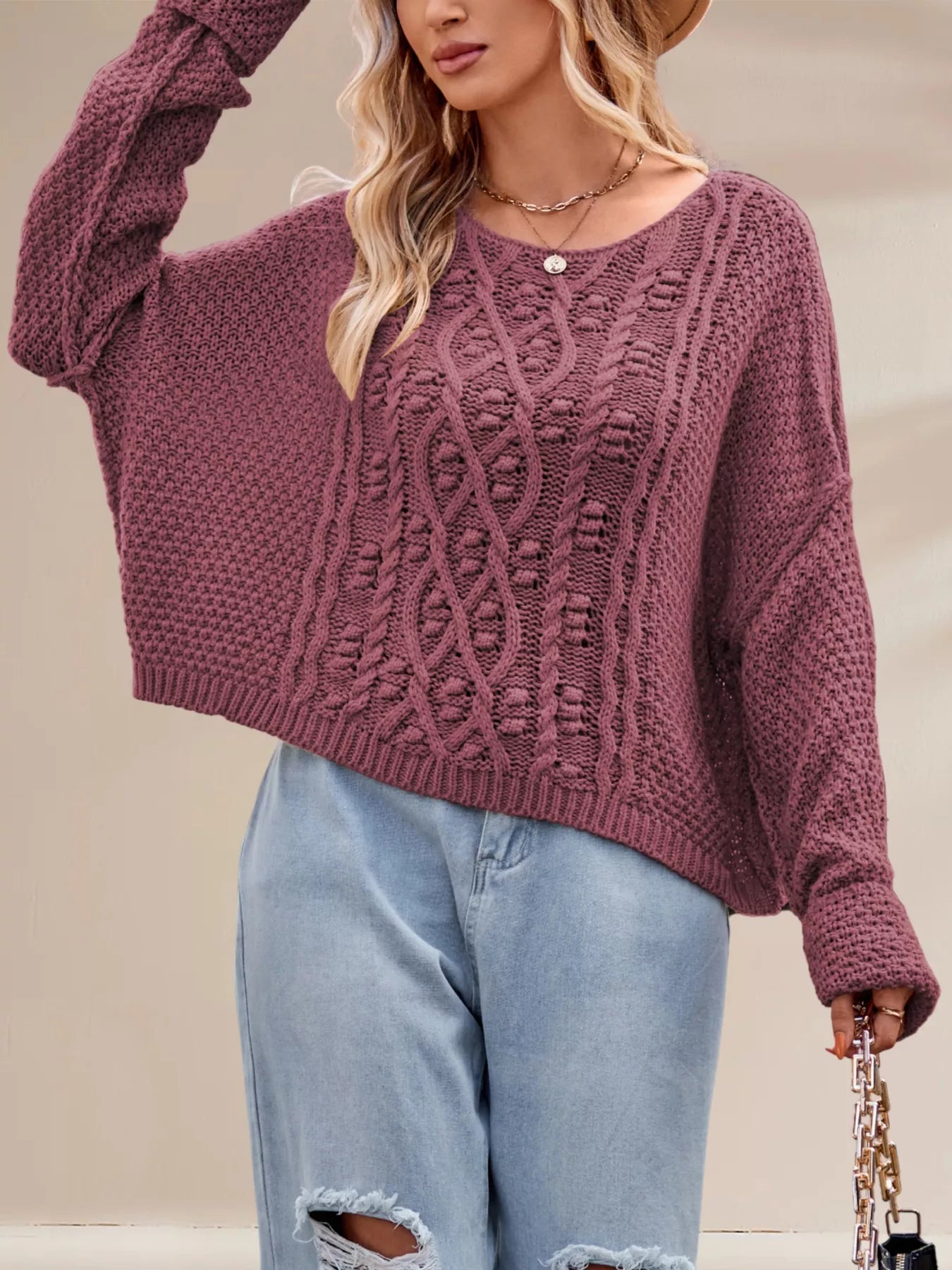 Textured Knit Round Neck Sweater