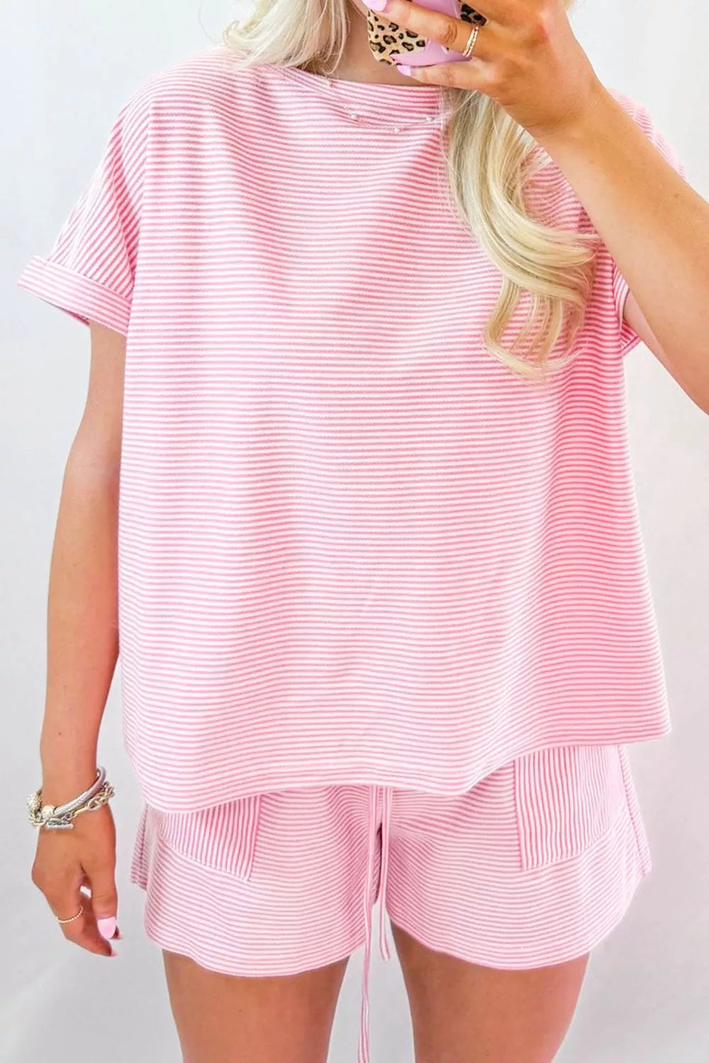 Stripe Matching Oversized Tee and Drawstring Shorts Set