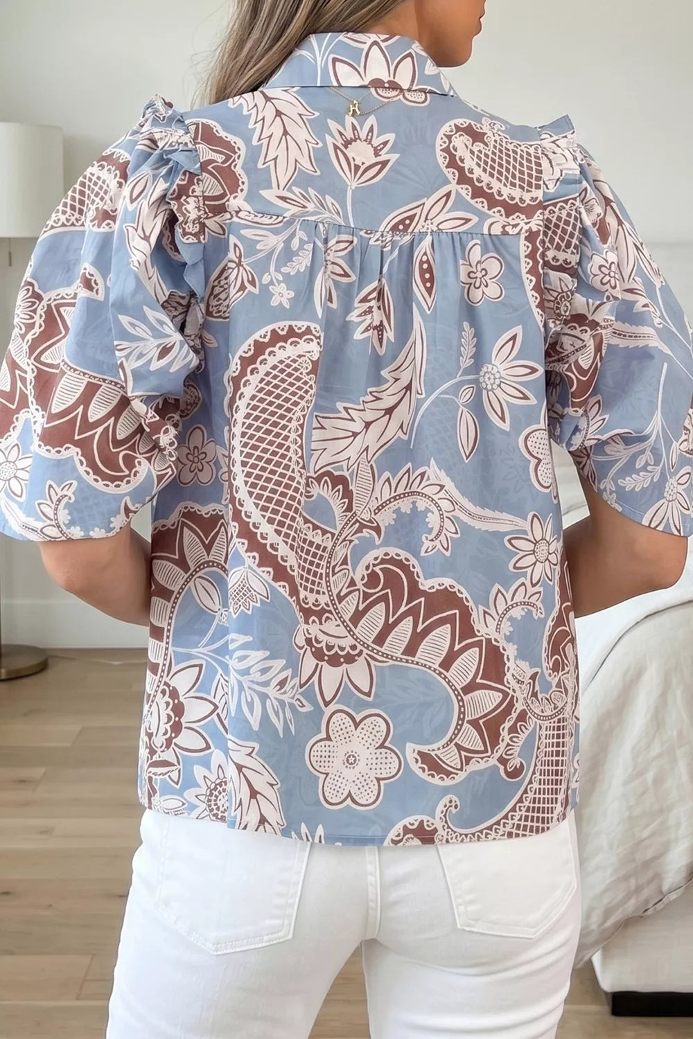 Floral Print Scalloped Trim Button Down Short Sleeve Shirt