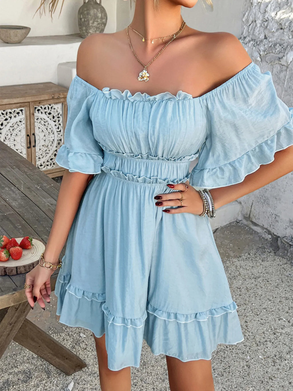 Square Neck Ruffle Trim Mini Dress