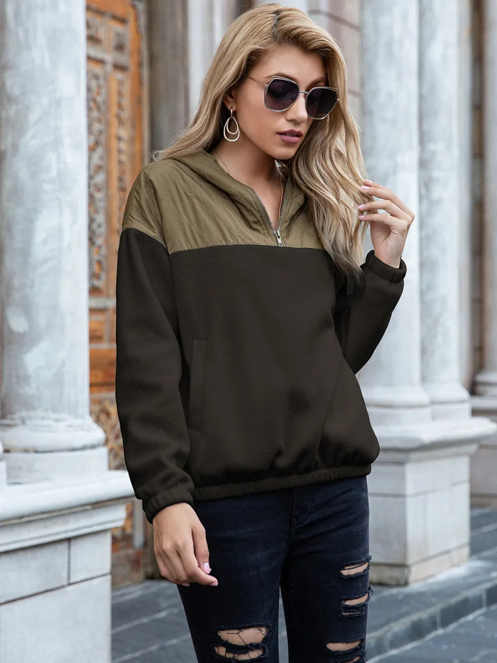 Ivy Lane Pocketed Color Block Quarter Zip Hoodie