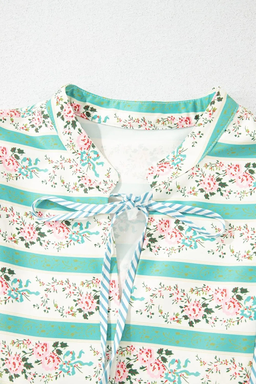 Striped Floral Print Tie Neck Puff Sleeve Midi Dress