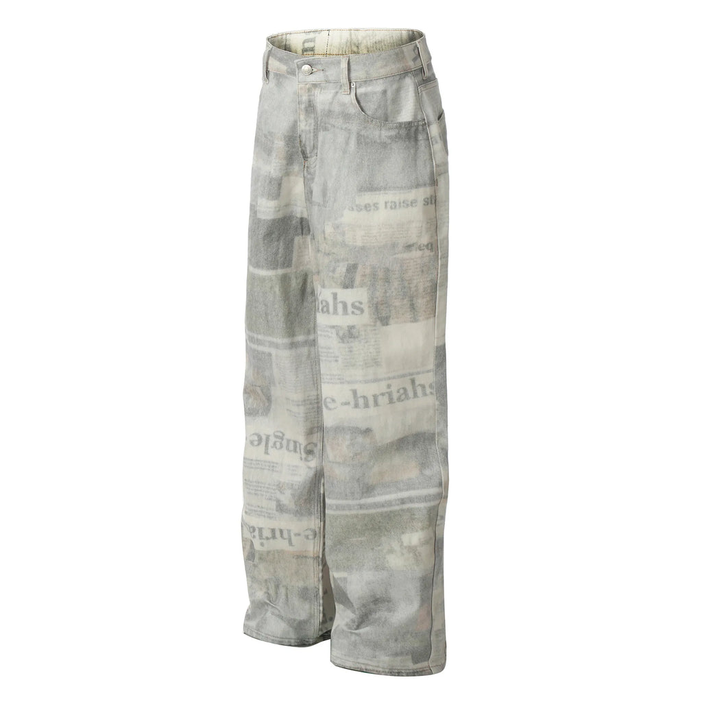 Men's Vintage Newspaper Print Wide Leg Baggy Jeans