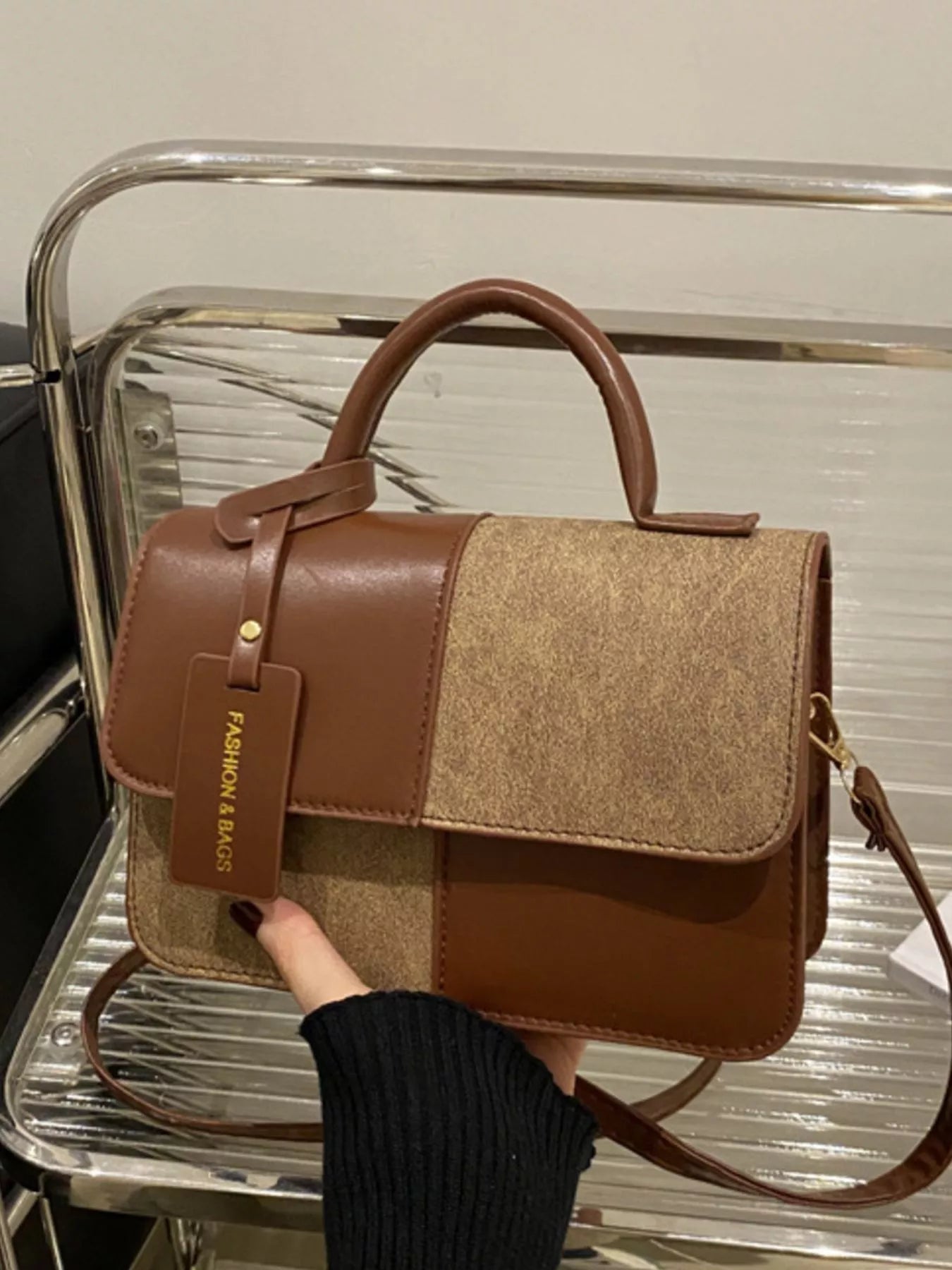 Color Block Flap Crossbody Bag with Top Handle
