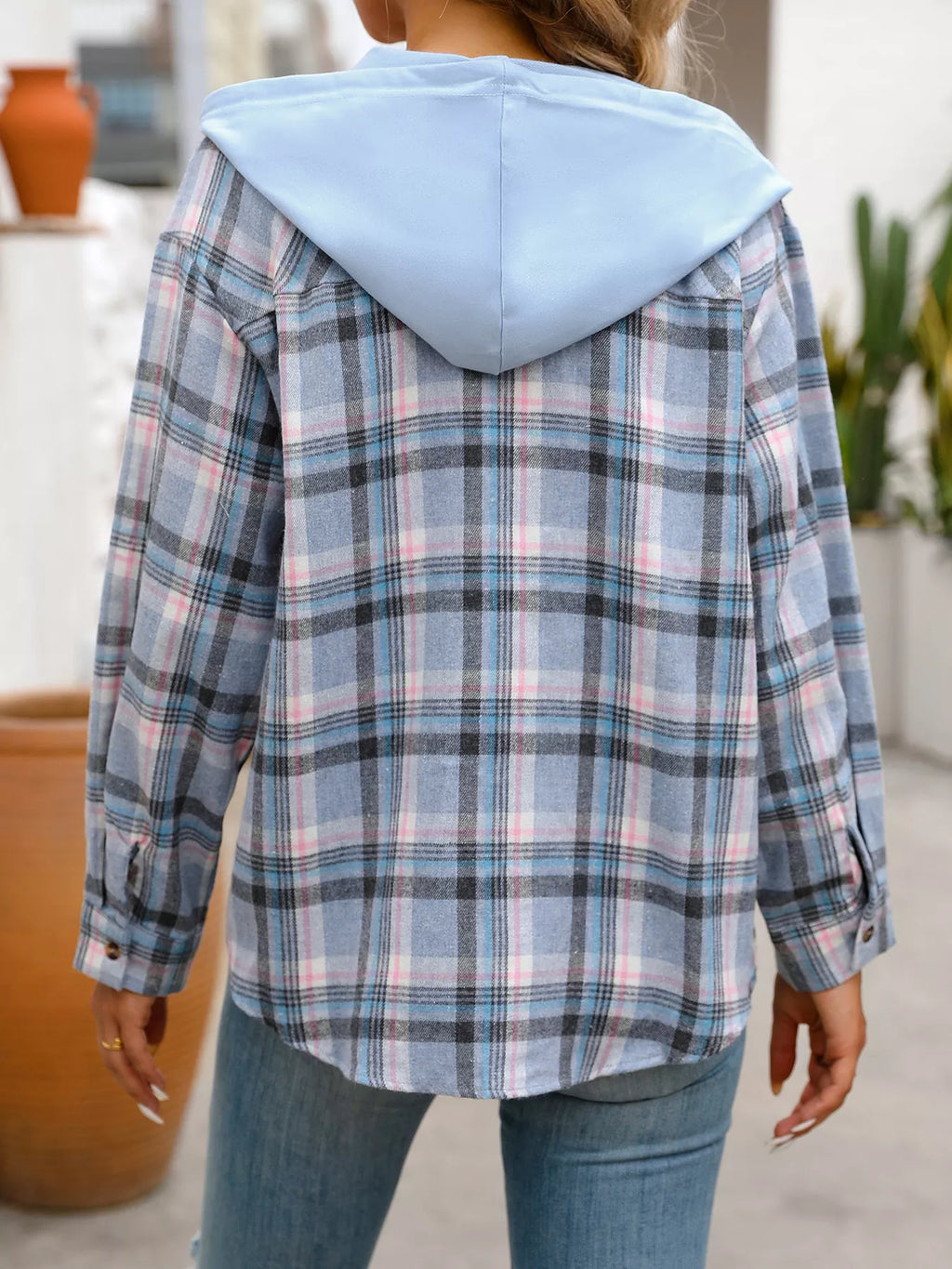 Plaid Button-Up Hooded Shirt with Chest Pocket