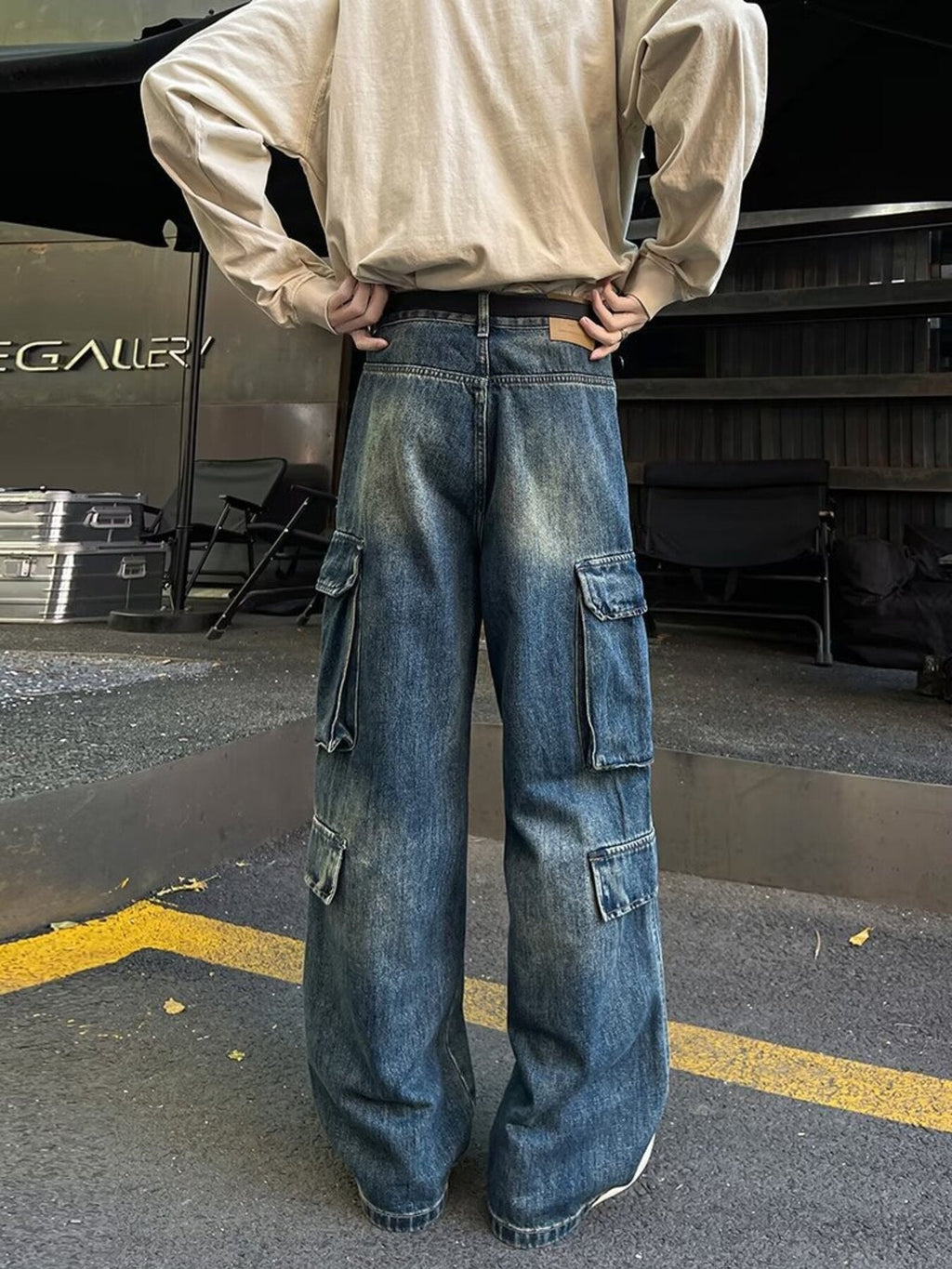 Men's Full Size Vintage Wash Wide Leg Cargo Jeans Plus Size
