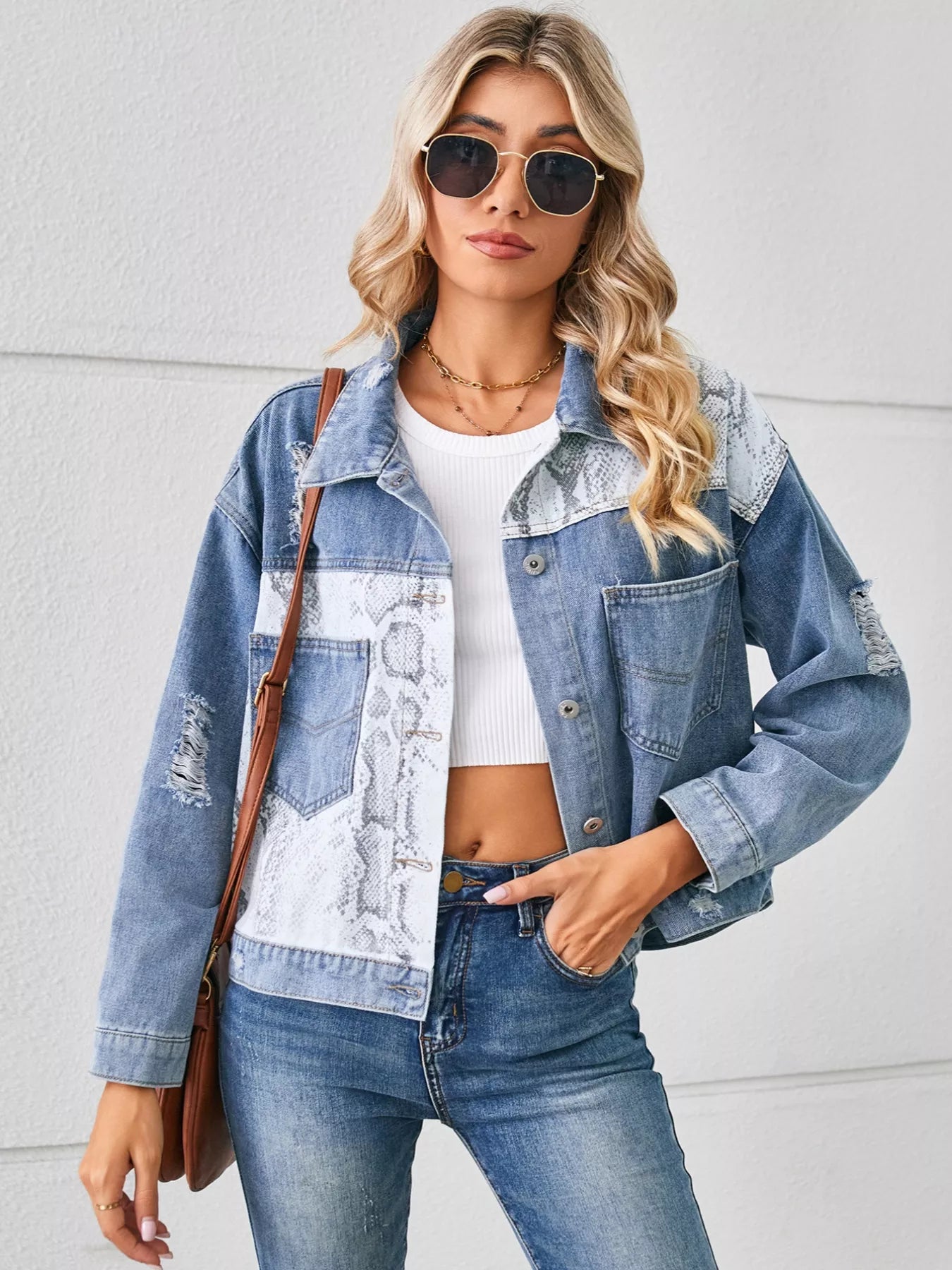 Snake Print Button Up Denim Jacket