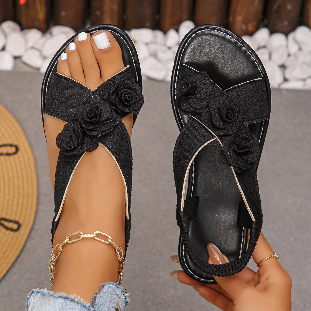 Floral Embellished Elastic Slingback Sandals