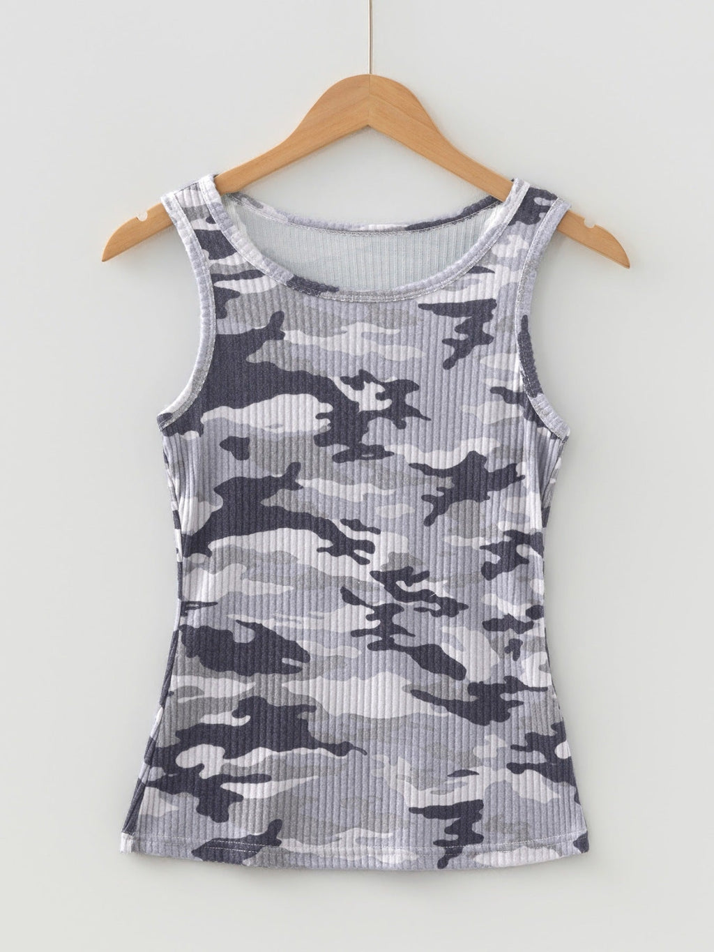 Camouflage Print Ribbed Knit Round Neck Tank Top