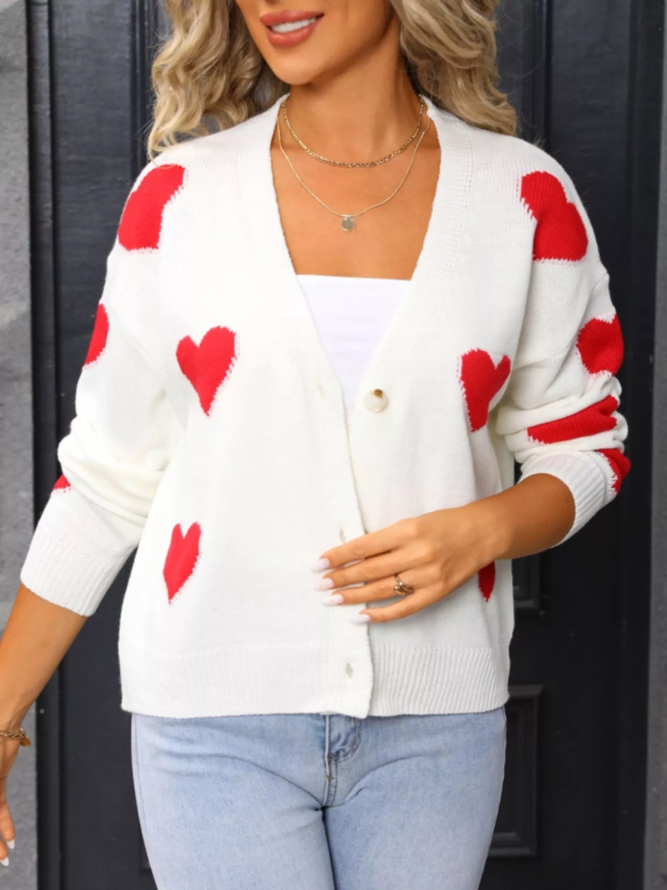 Valentine's Day Heart Pattern Button-Up Knit Cardigan