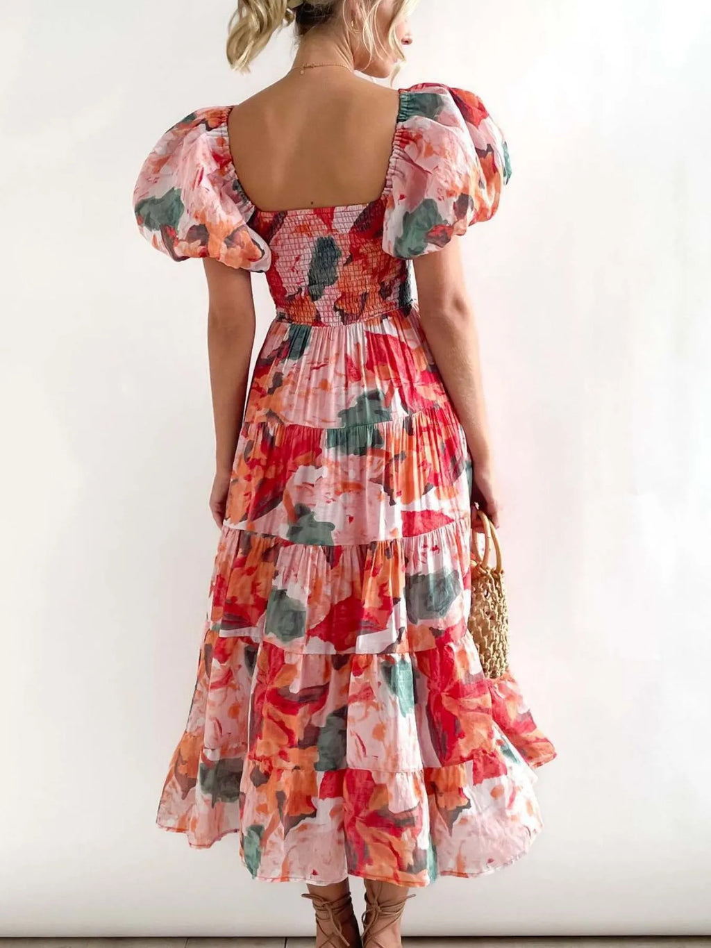 Floral Smocked Puff Sleeve Tiered Dress