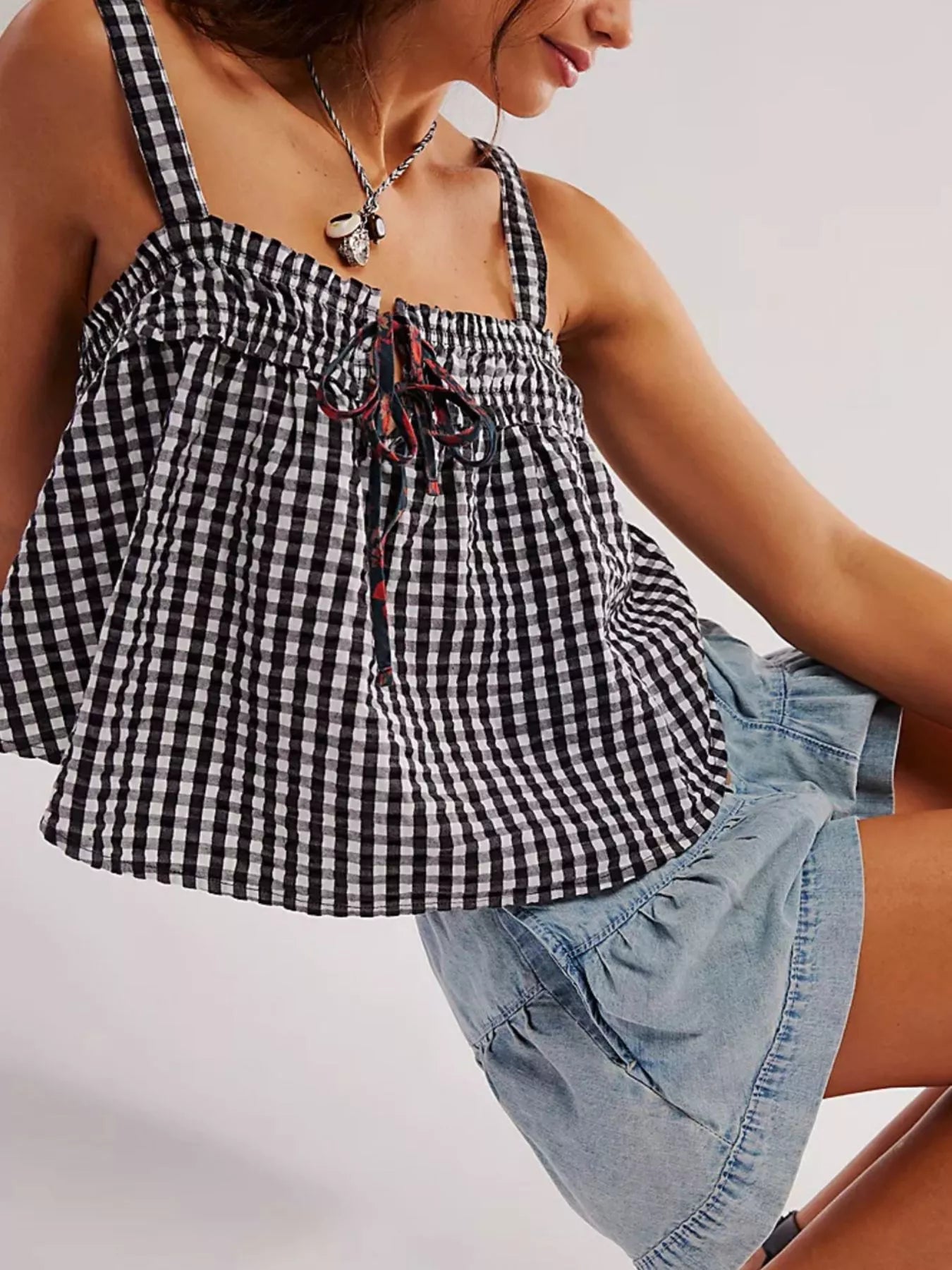 Smocked Gingham Tie-Front Cami