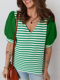 Striped Puff Sleeve V-Neck Blouse