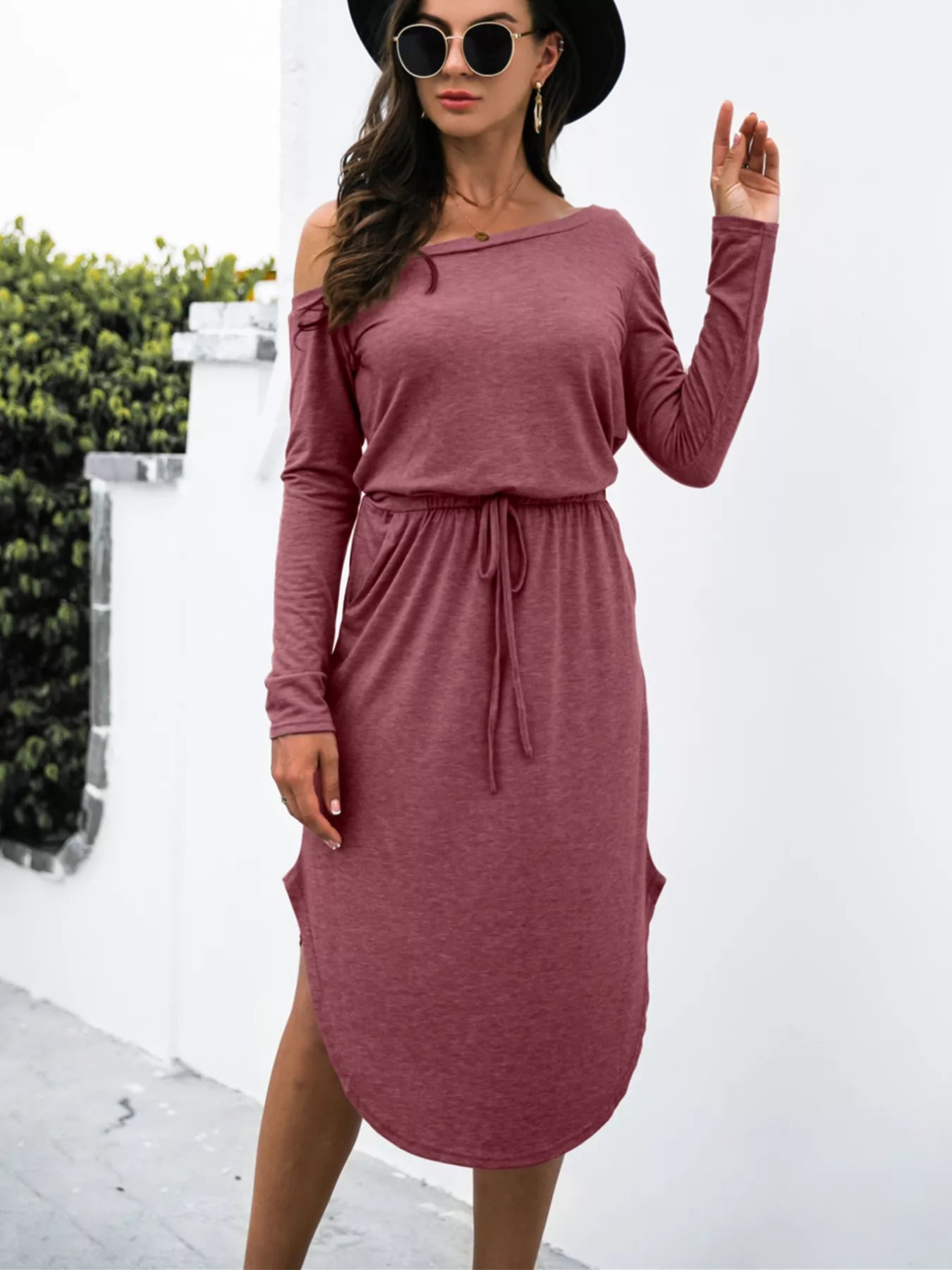 One-Shoulder Long Sleeve Midi Dress with Drawstring Waist