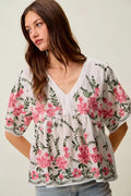 SO ME Floral Embroidered V Neck Boho Blouse Top