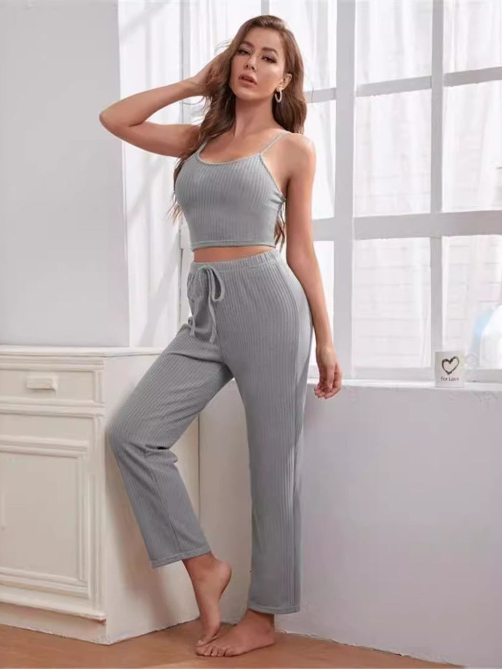 Scoop Neck Cami & Pants & Cardigan Set