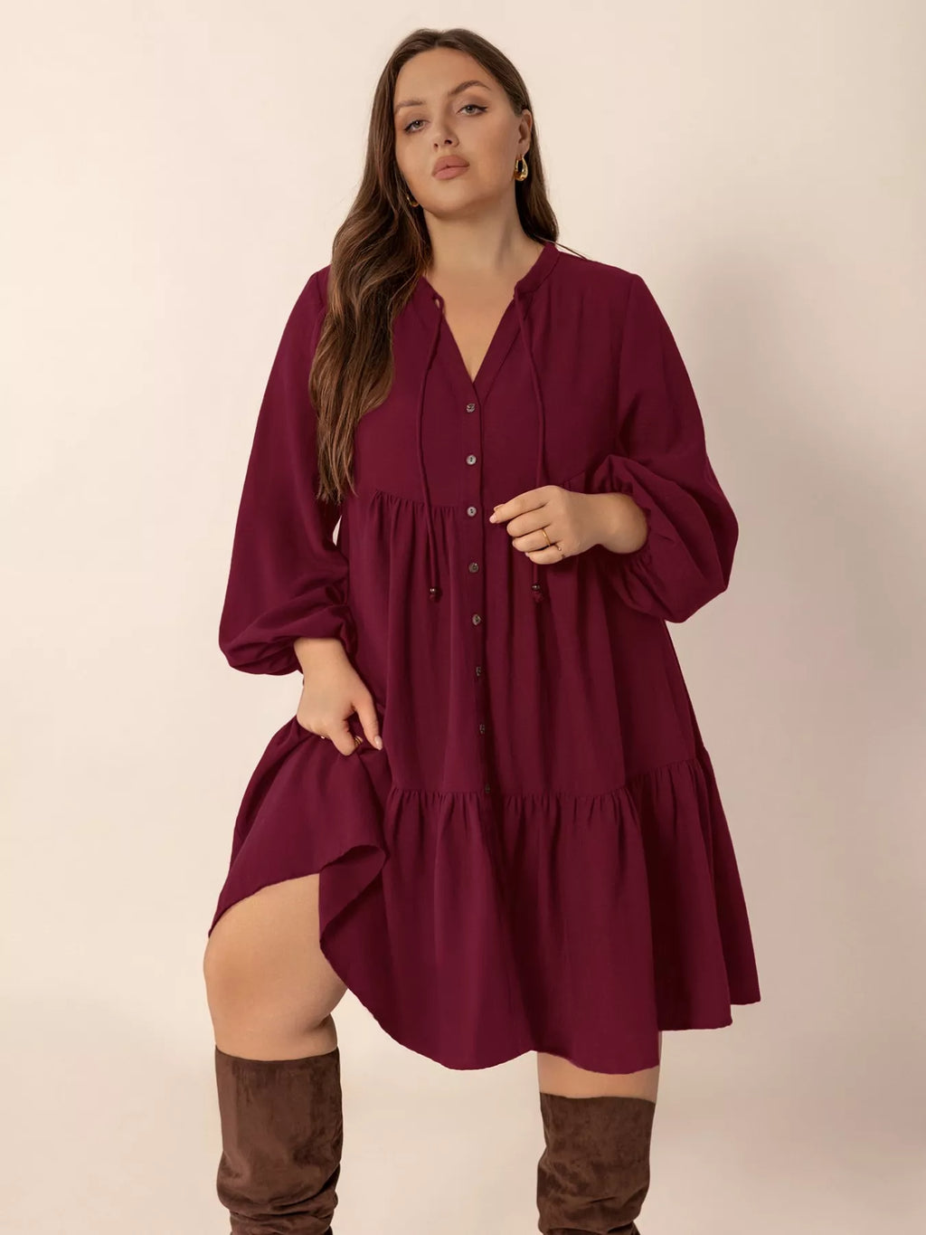 Plus Size Button Front Balloon Sleeve Dress