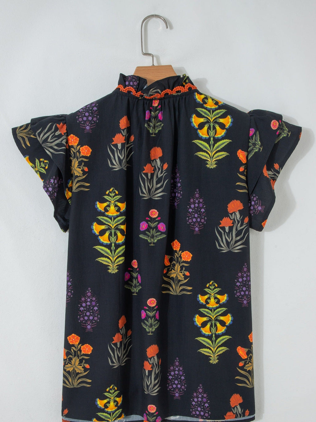 Floral Print Lace Trim Frilled V Neck Short Sleeve Shirt