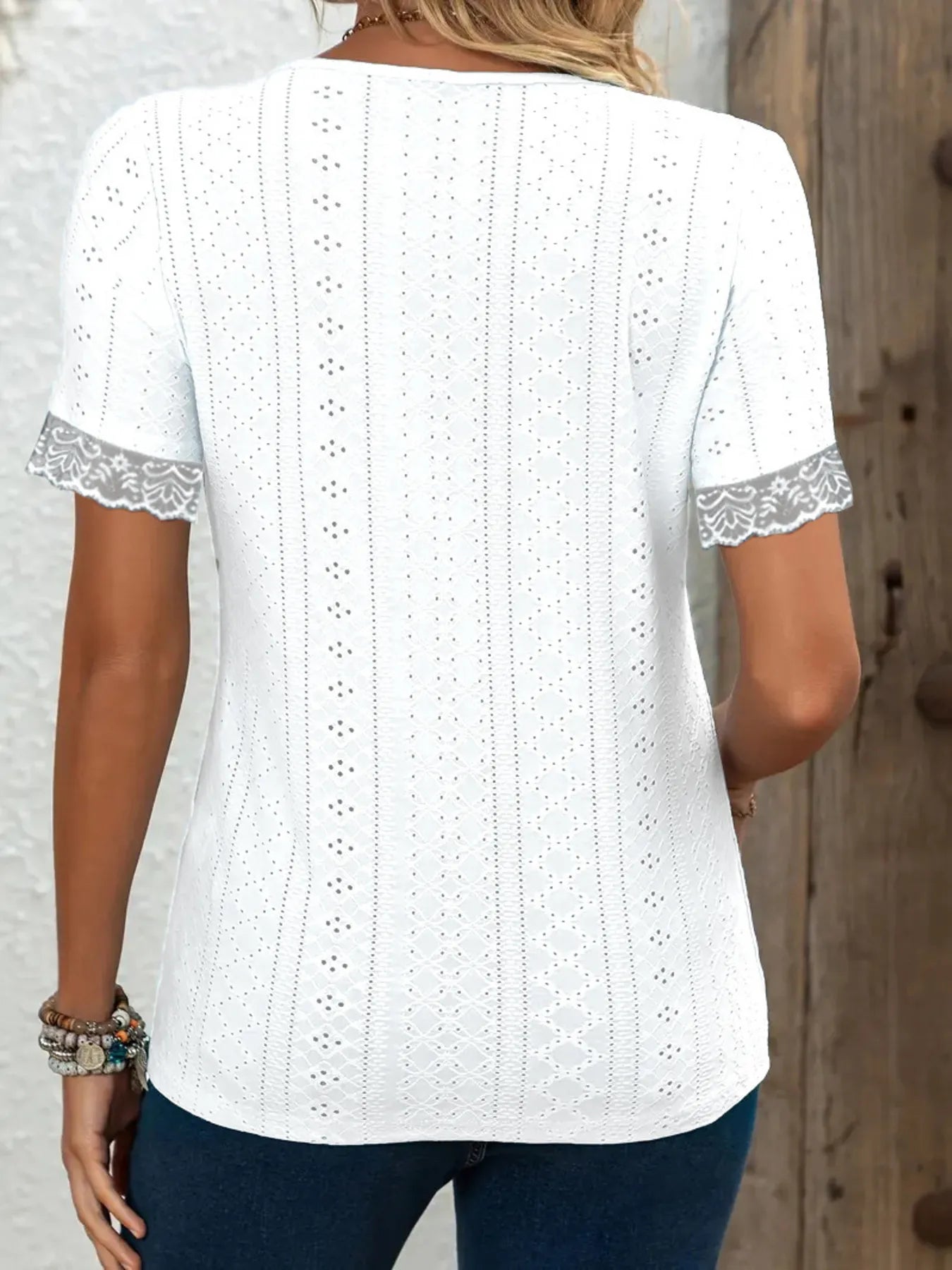 Eyelet Lace Trim Short Sleeve Blouse