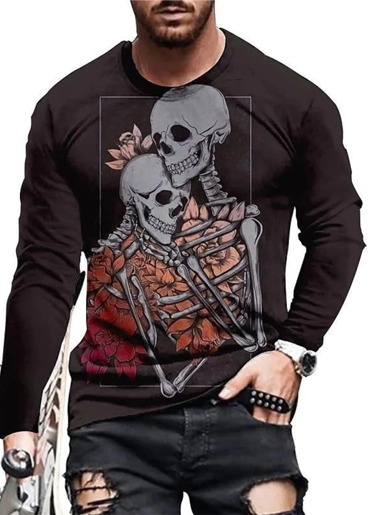 Men's Full Size Skeleton Embrace Long Sleeve T-Shirt Plus Size