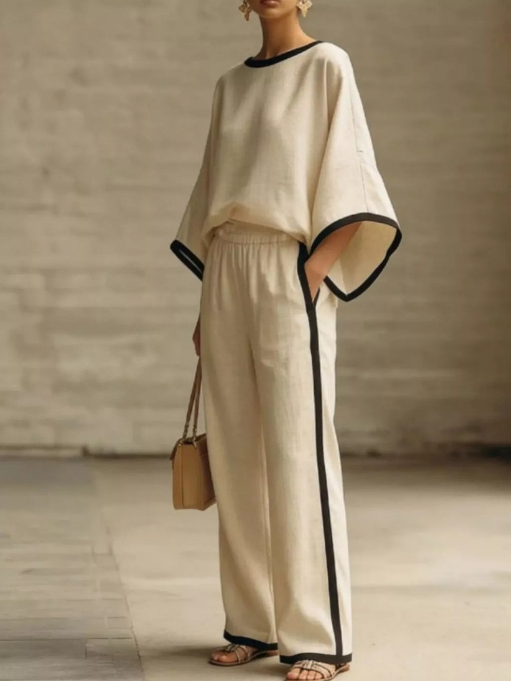 Full Size Contrast Trim Top and Wide-Leg Pants Set Plus Size