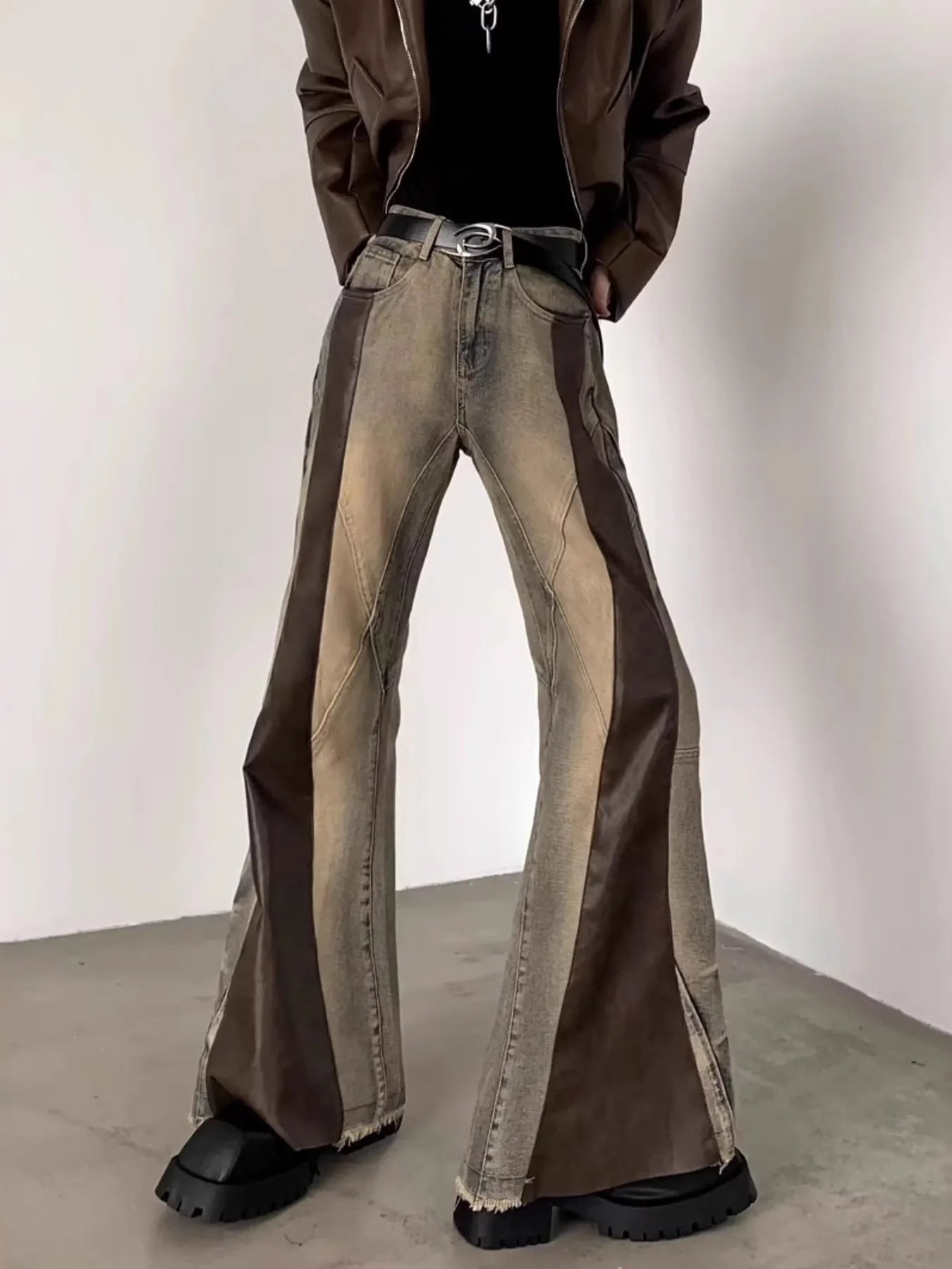 Men's Plus Size Vintage Washed Two-Tone Flare Jeans