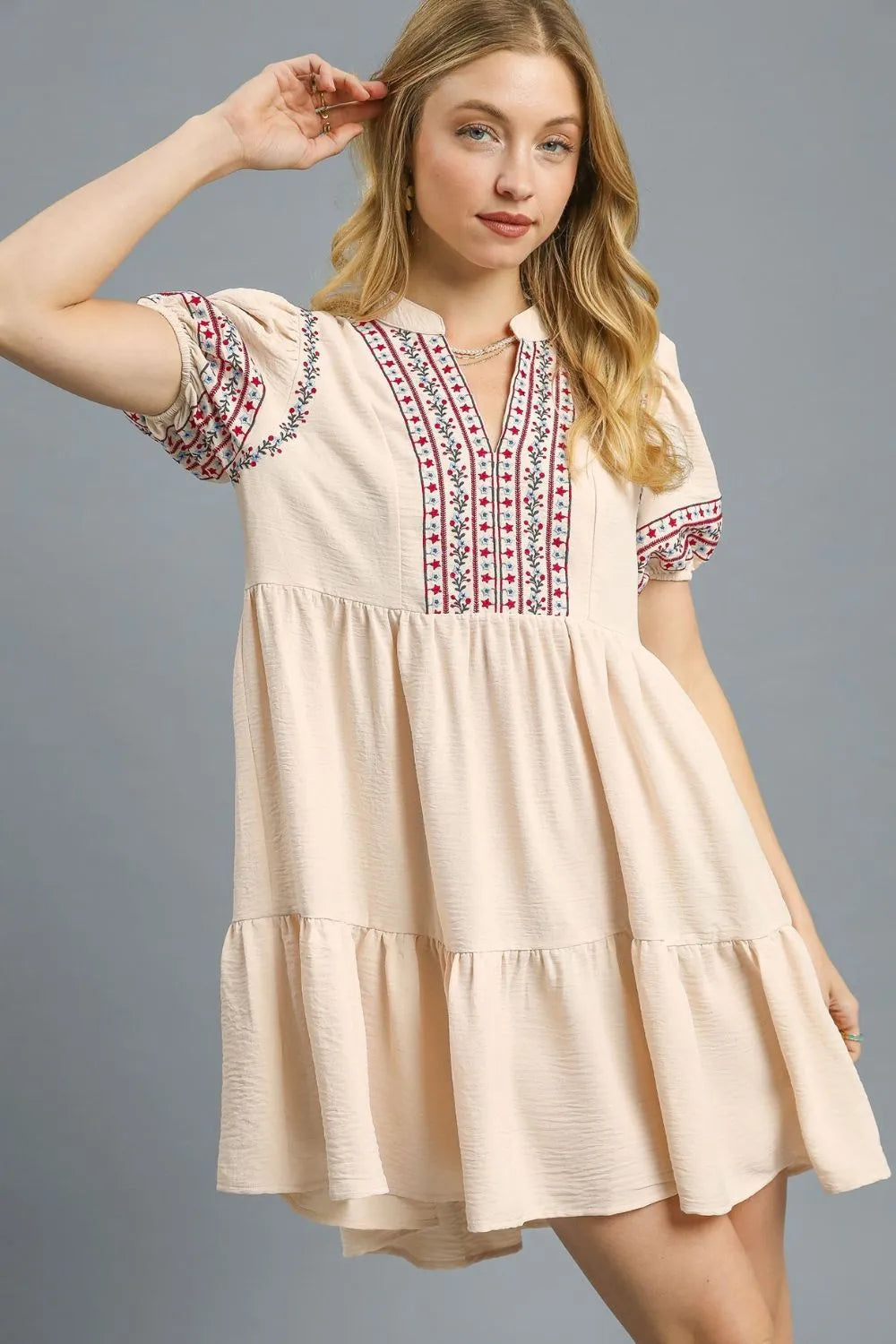 Umgee Floral Trim Puff Sleeve Mini Dress