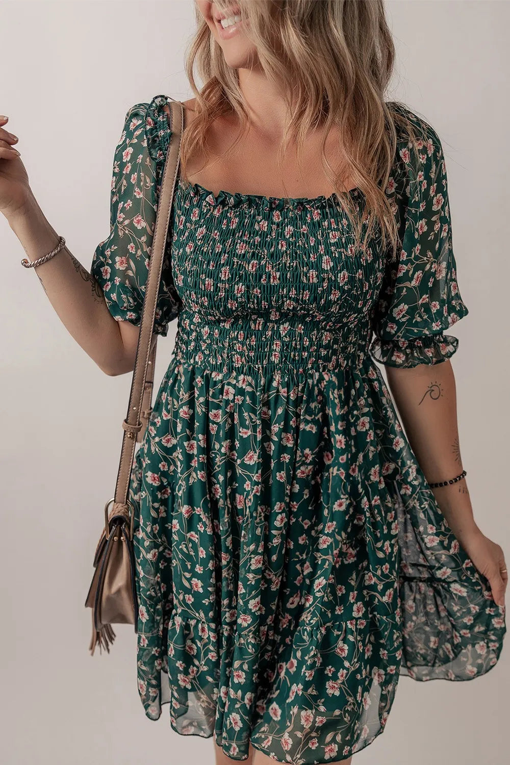 Smocked Square Neck Puff Short Sleeve Floral Dress