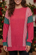 Patchwork Plaid Colorblock Twist Rib Round Neck Long Sleeve Top