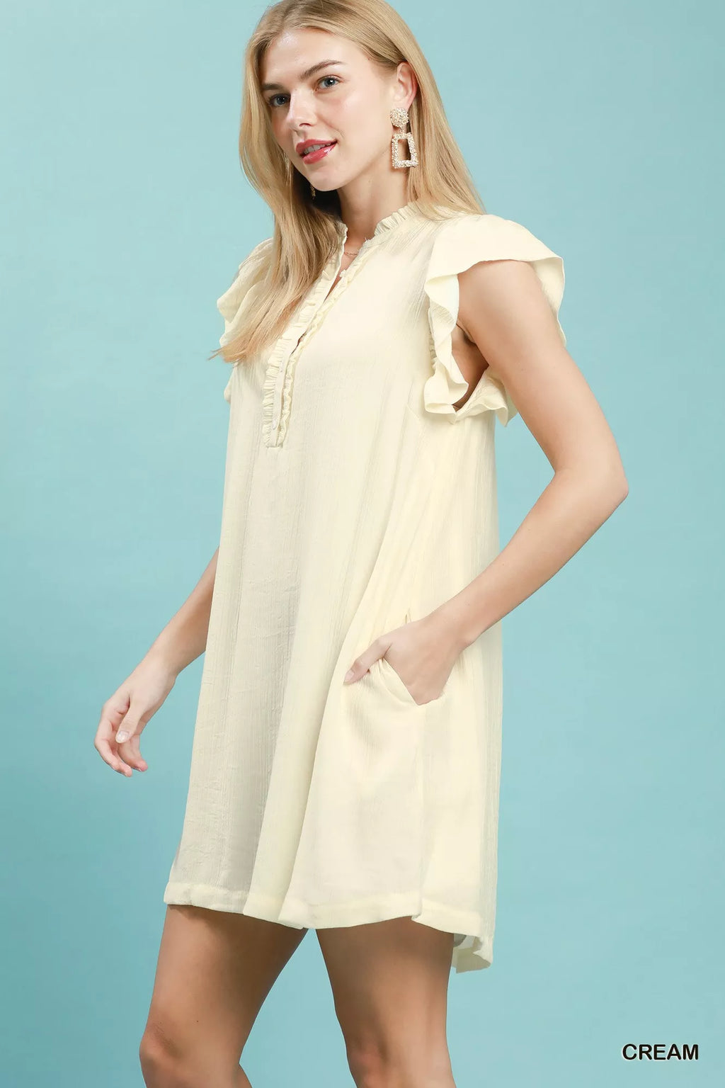 Umgee Ruffle Sleeve Henley Shift Dress