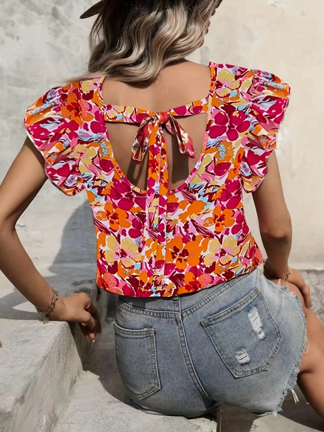 Printed V-Neck Cap Sleeve Blouse