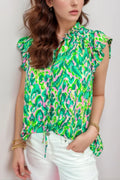 Abstract Print Ruffled Trim Tie Neck Top