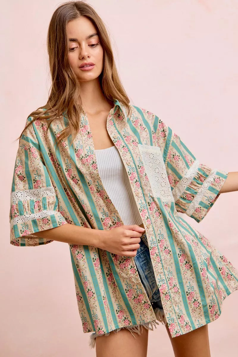 BiBi Eyelet Lace And Floral Mix And Match Shirt Top