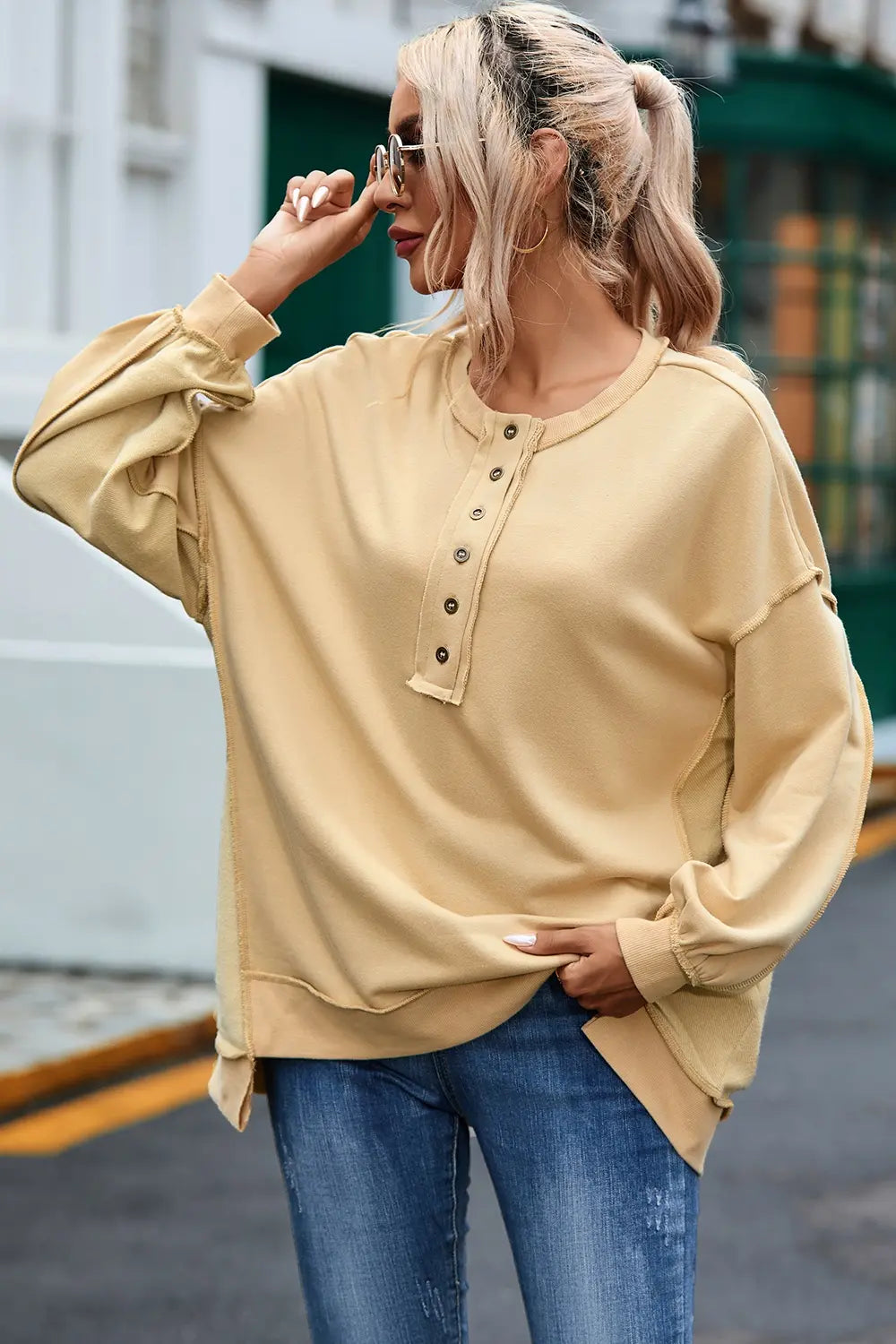 Buttoned Dropped Shoulder Sweatshirt