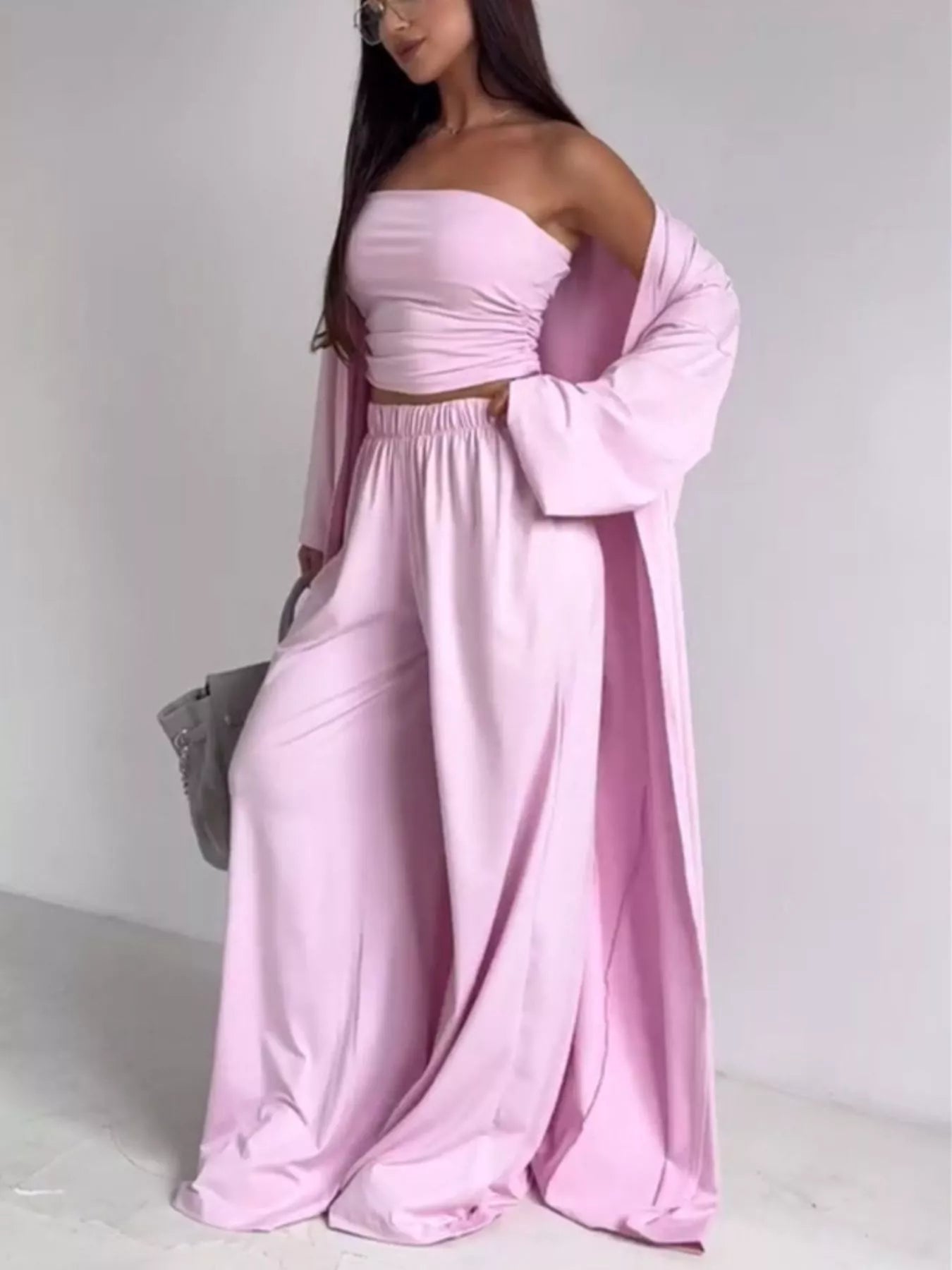 Tube Top & Cardigan & Wide Leg Pants 3-Piece Set