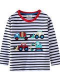 Children's Striped Long Sleeve T-Shirt with Construction Vehicle Appliques