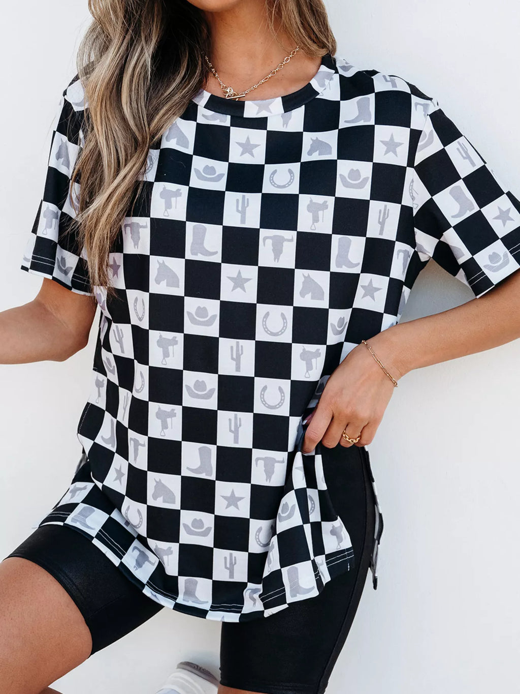 Western Checkerboard Print Side Split T Shirt