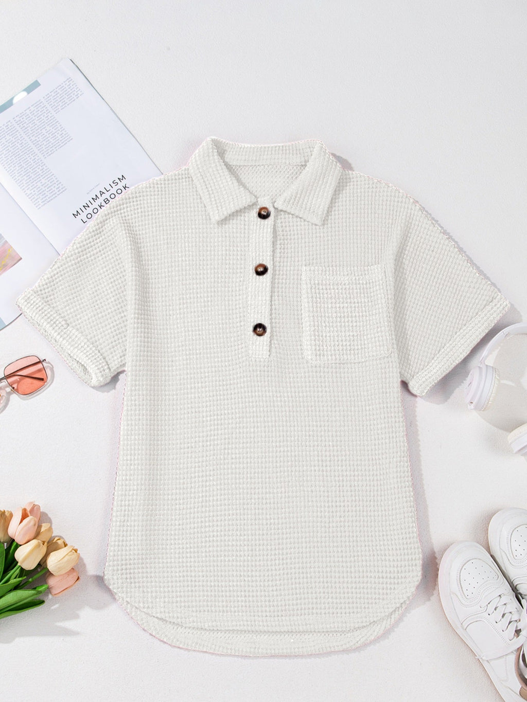 Waffle Knit Button Detail Top